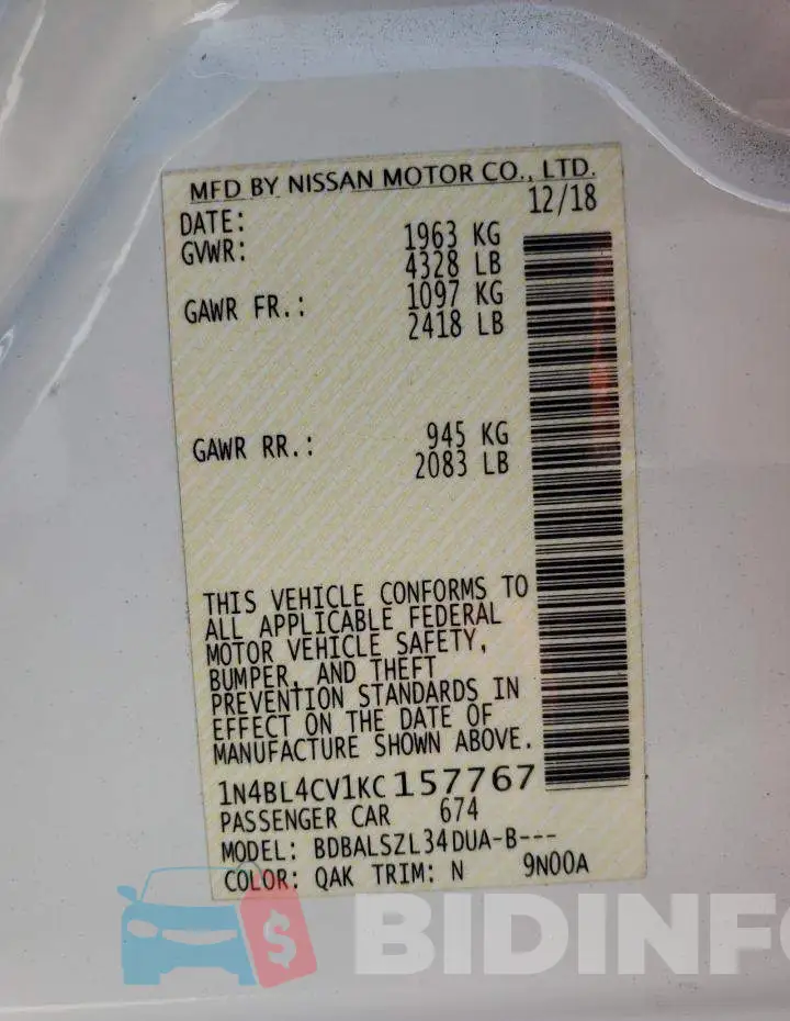 1N4BL4CV1KC157767 Photo# 10