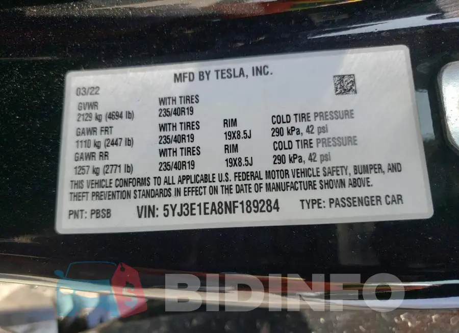 5YJ3E1EA8NF189284 Photo# 10