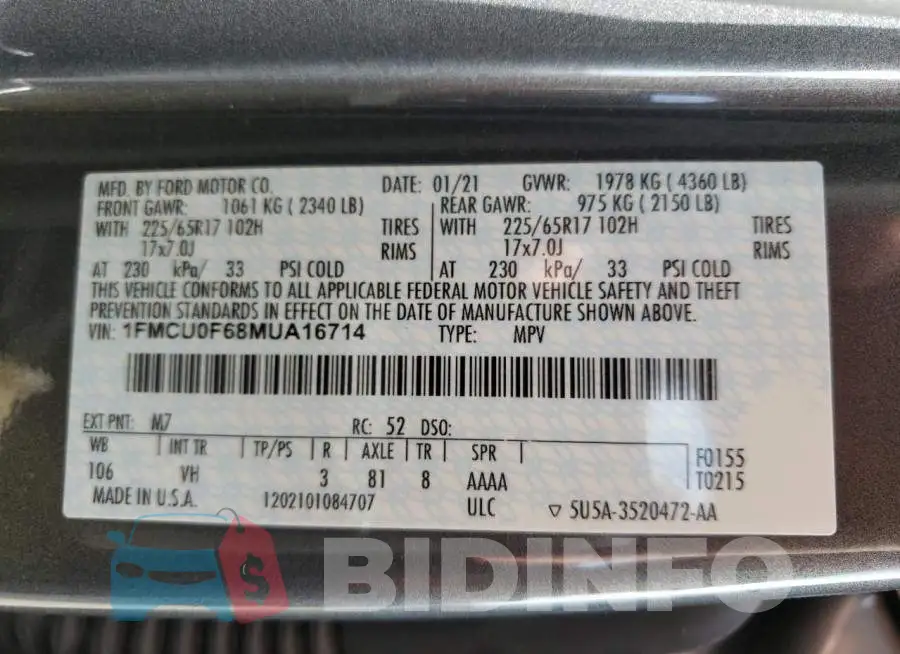 1FMCU0F68MUA16714 Photo# 10