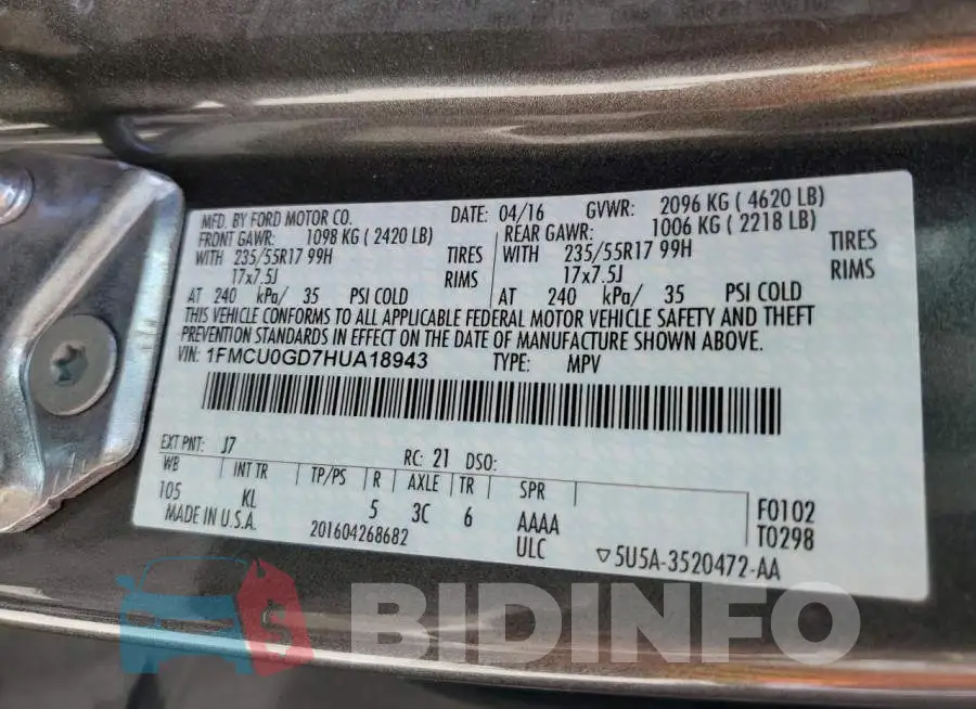 1FMCU0GD7HUA18943 Photo# 10