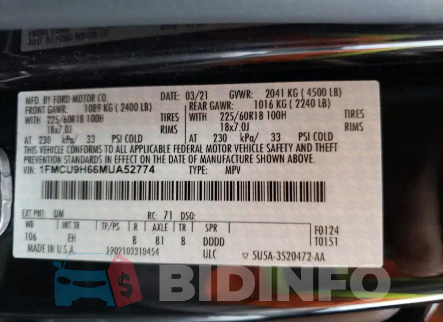 1FMCU9H66MUA52774 Photo# 10