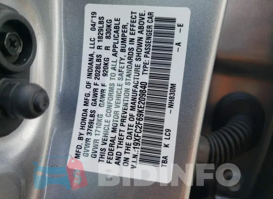 19XFC2F69KE209840 Photo# 10
