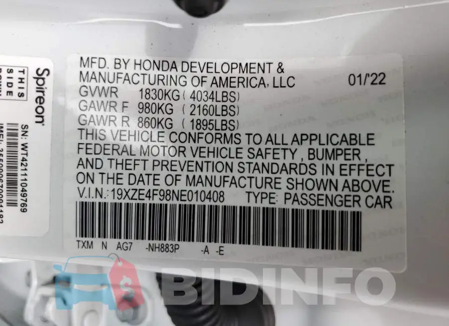 19XZE4F98NE010408 Photo# 10