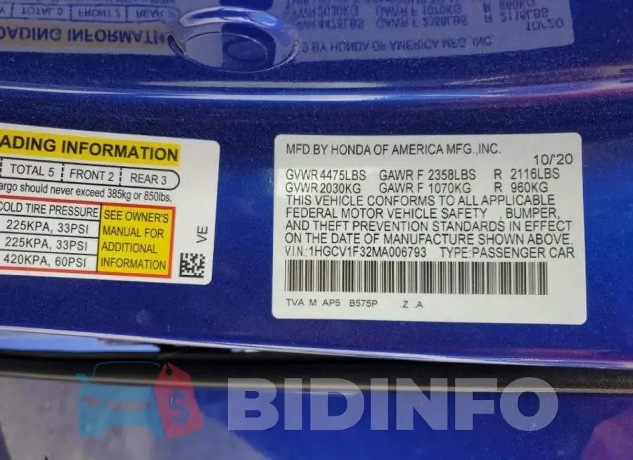 1HGCV1F32MA006793 Photo# 10