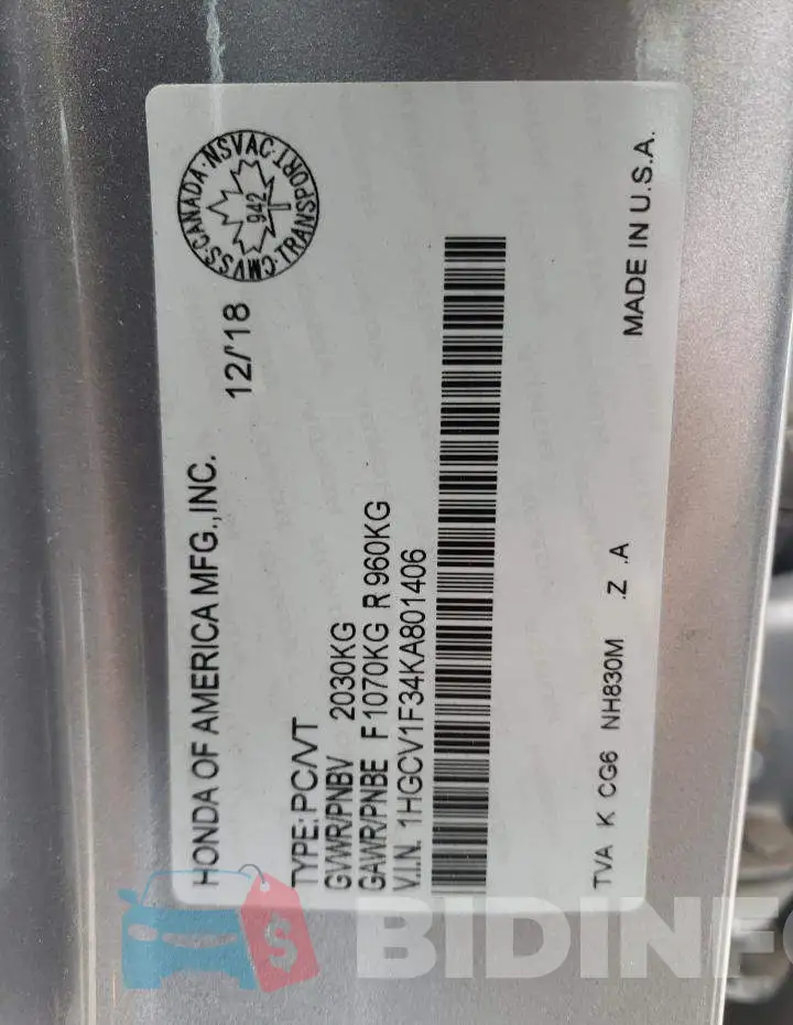 1HGCV1F34KA801406 Photo# 10