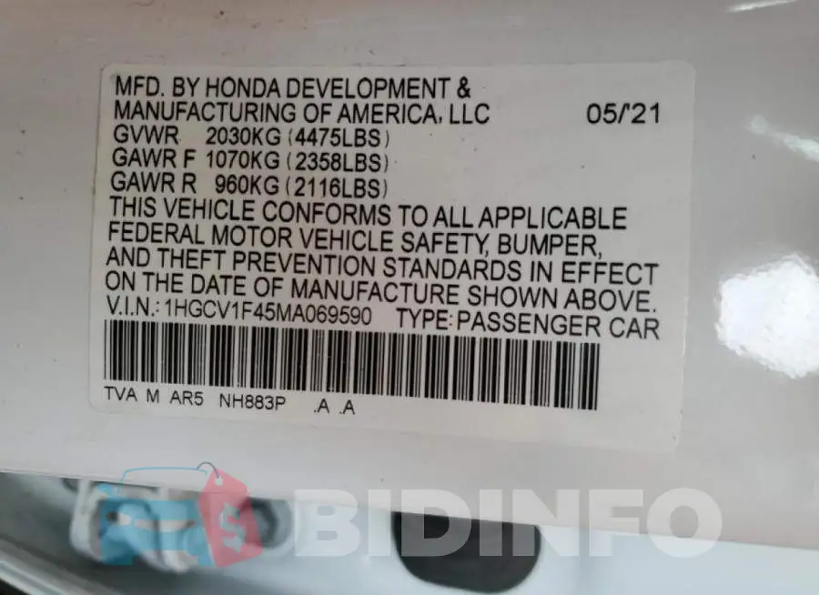 1HGCV1F45MA069590 Photo# 10