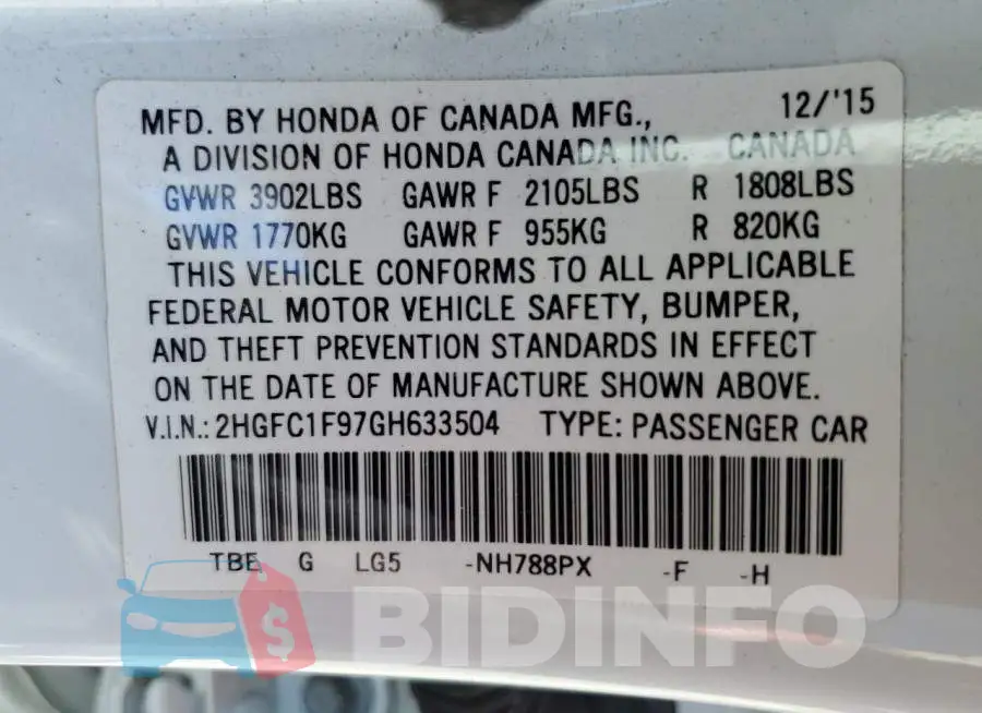2HGFC1F97GH633504 Photo# 10