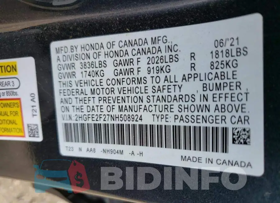 2HGFE2F27NH508924 Photo# 10