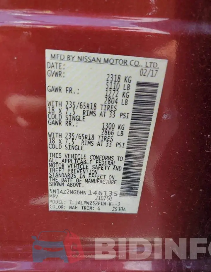 5N1AZ2MG6HN146135 Photo# 10