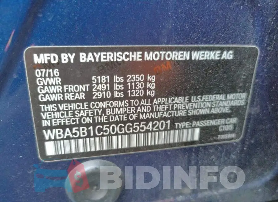 WBA5B1C50GG554201 Photo# 10
