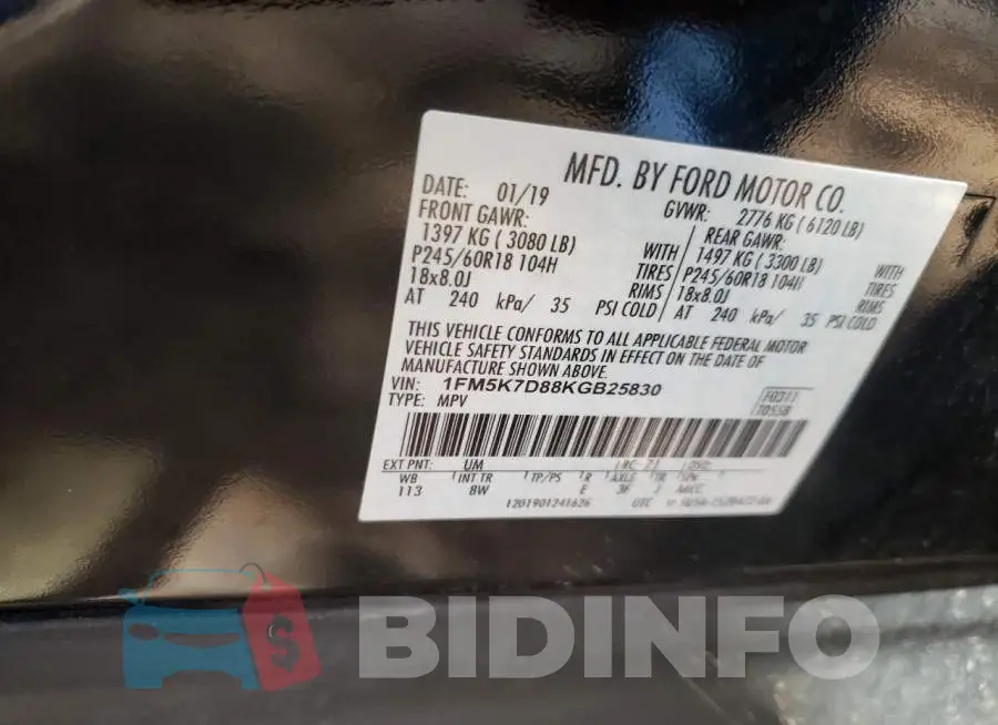 1FM5K7D88KGB25830 Photo# 10