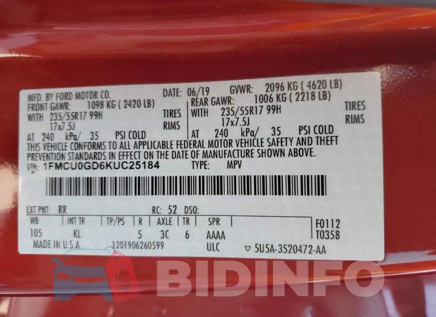 1FMCU0GD6KUC25184 Photo# 10