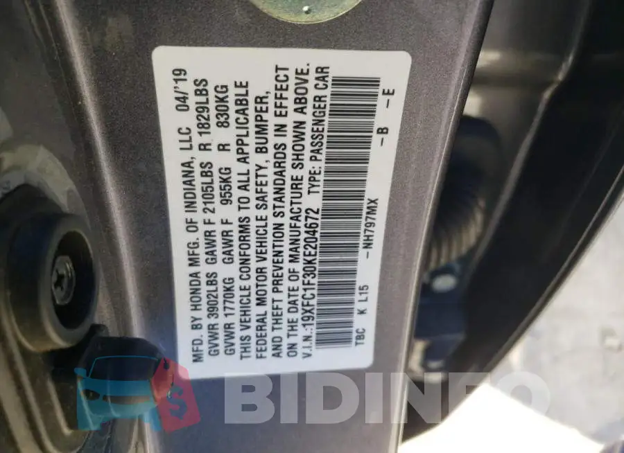 19XFC1F30KE204672 Photo# 10