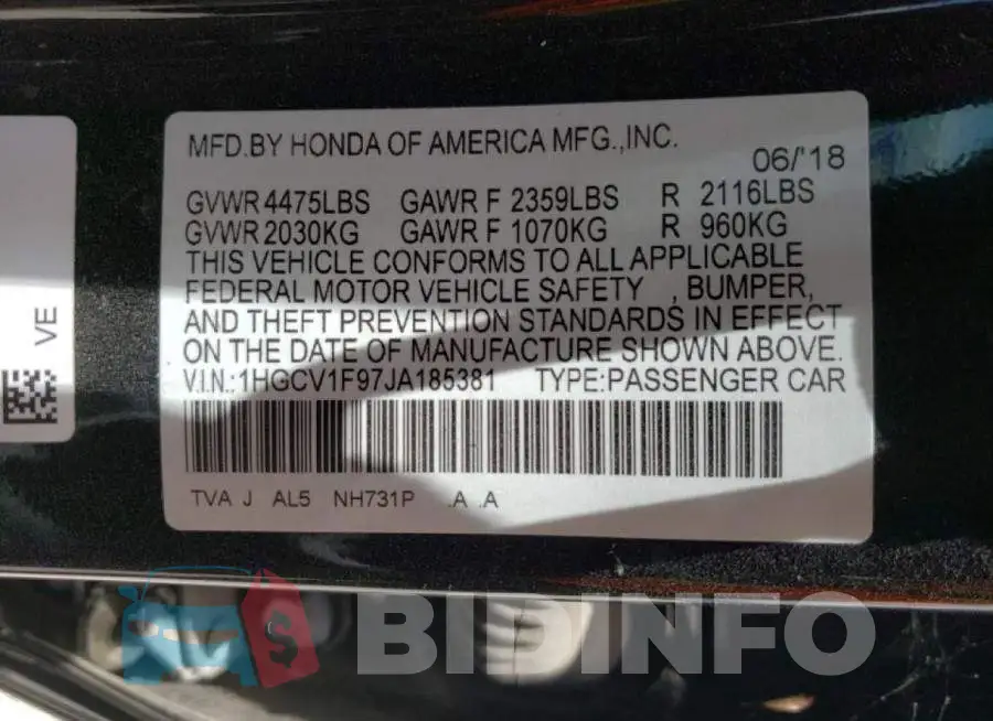1HGCV1F97JA185381 Photo# 10