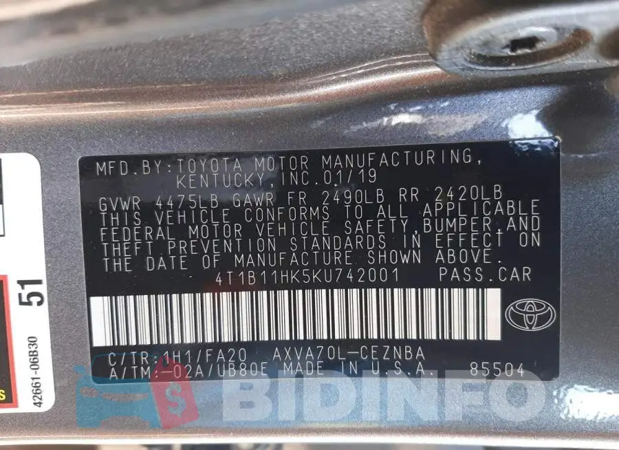 4T1B11HK5KU742001 Photo# 10