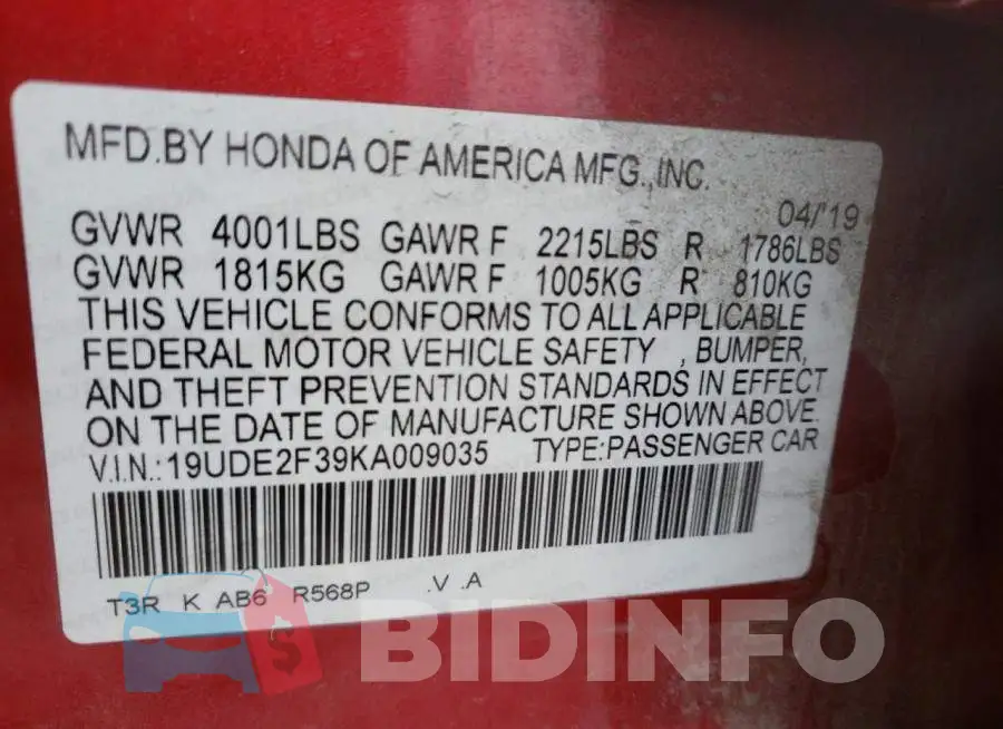 19UDE2F39KA009035 Photo# 10