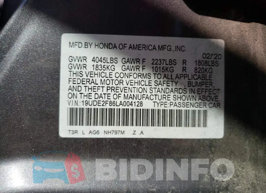 19UDE2F86LA004128 Photo# 10
