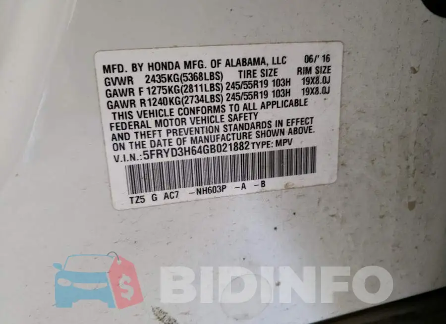 5FRYD3H64GB021882 Photo# 10