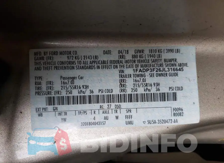 1FADP3F26JL316645 Photo# 10