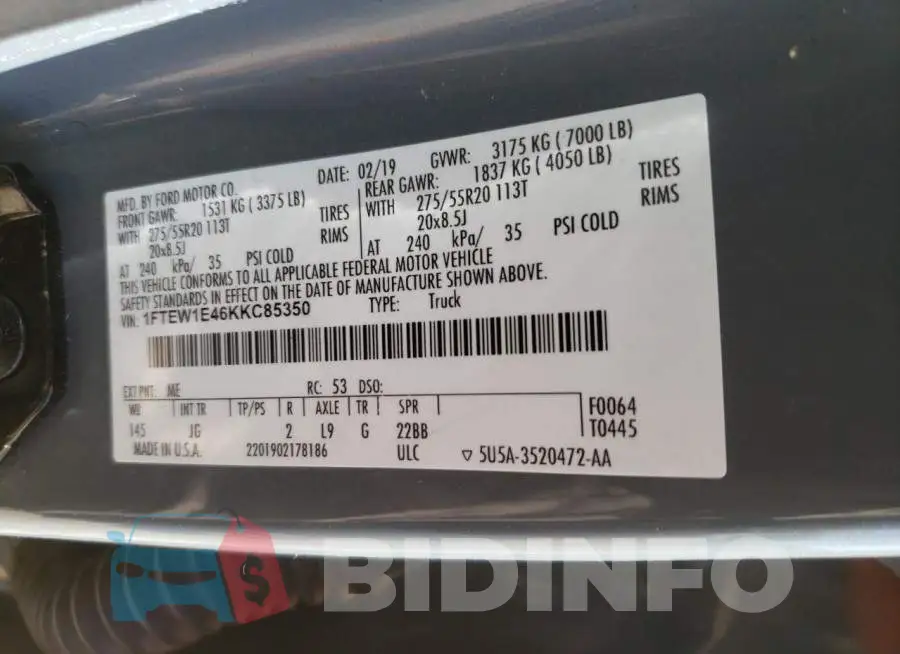 1FTEW1E46KKC85350 Photo# 10