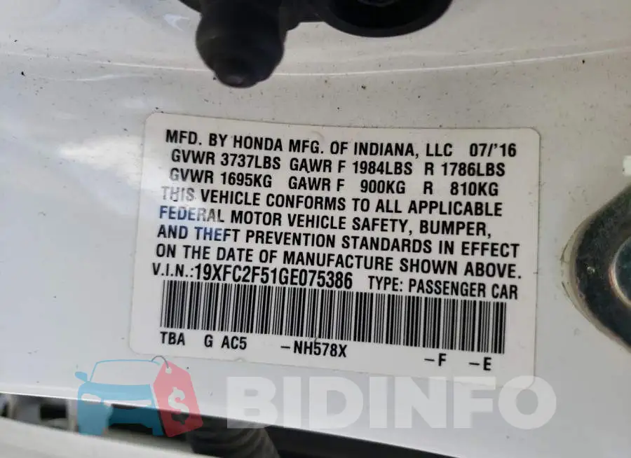 19XFC2F51GE075386 Photo# 10