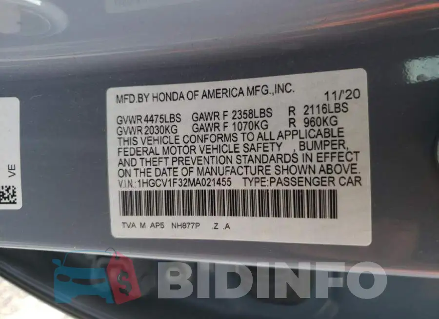 1HGCV1F32MA021455 Photo# 10