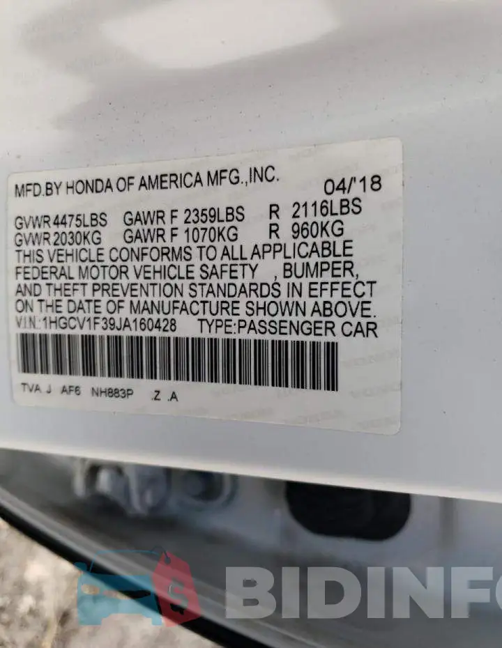 1HGCV1F39JA160428 Photo# 10