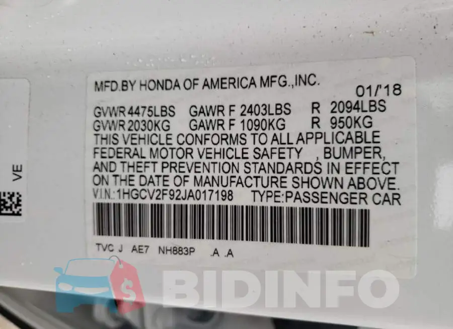 1HGCV2F92JA017198 Photo# 10