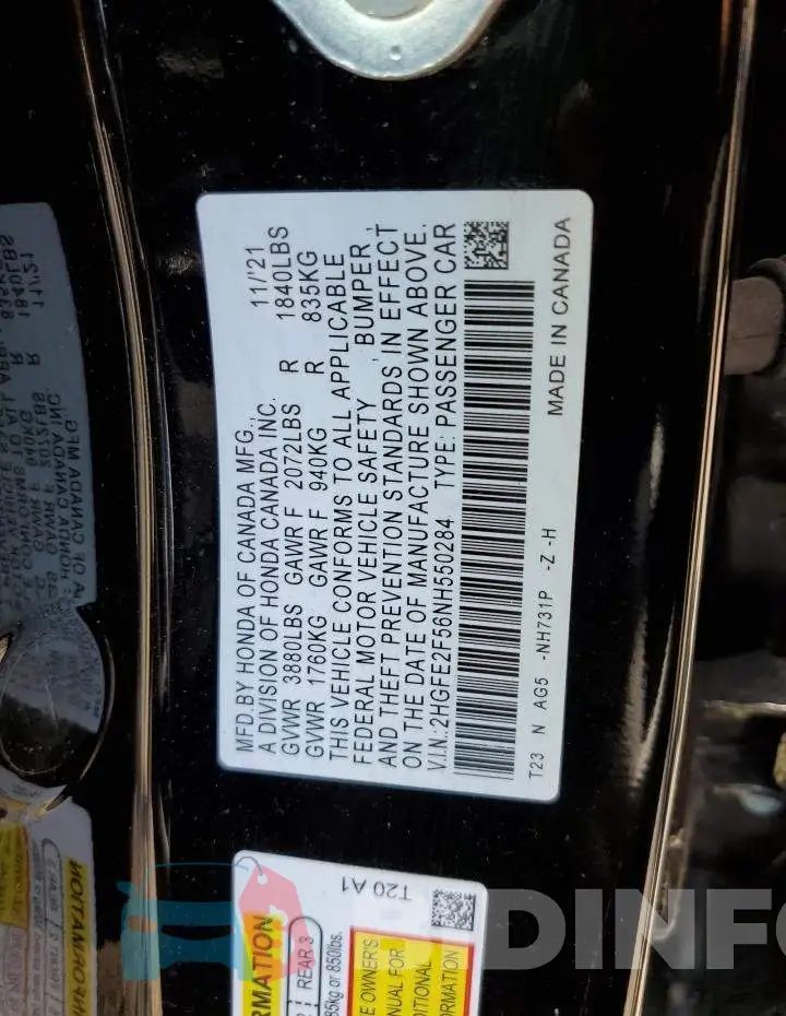 2HGFE2F56NH550284 Photo# 10