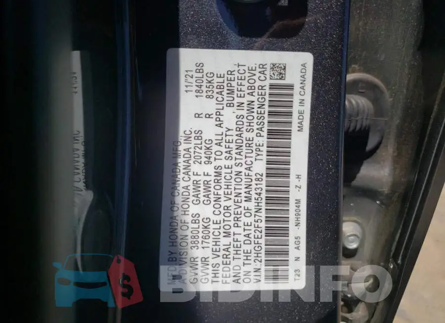 2HGFE2F57NH543182 Photo# 10