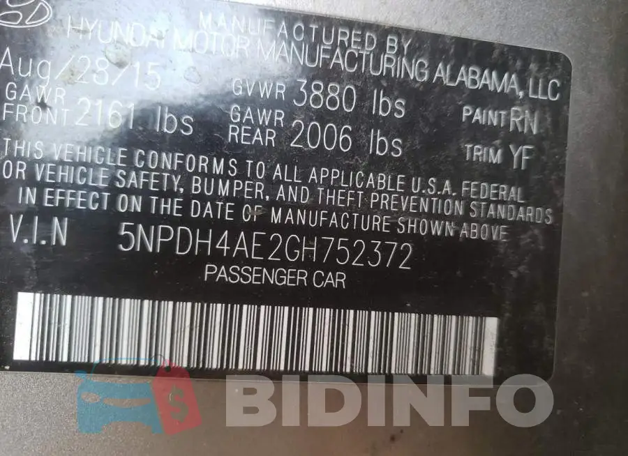 5NPDH4AE2GH752372 Photo# 10