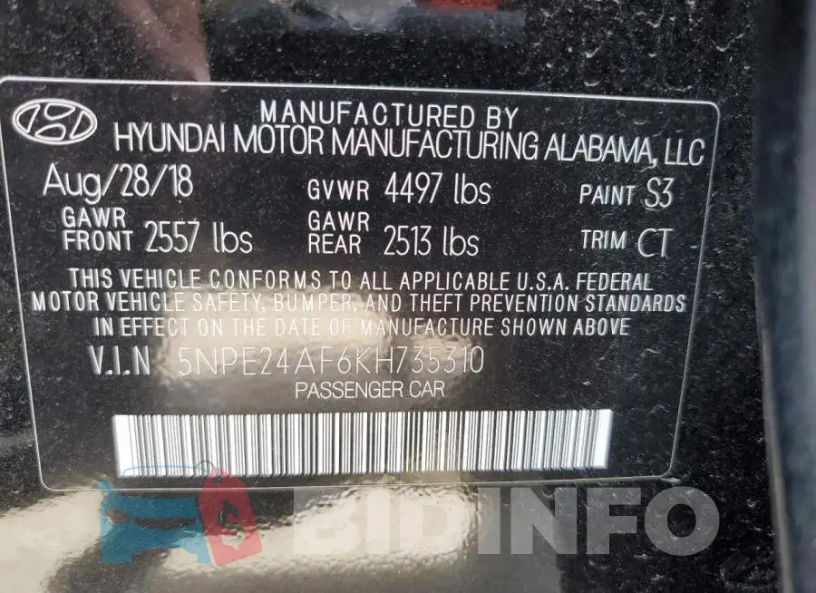 5NPE24AF6KH735310 Photo# 10