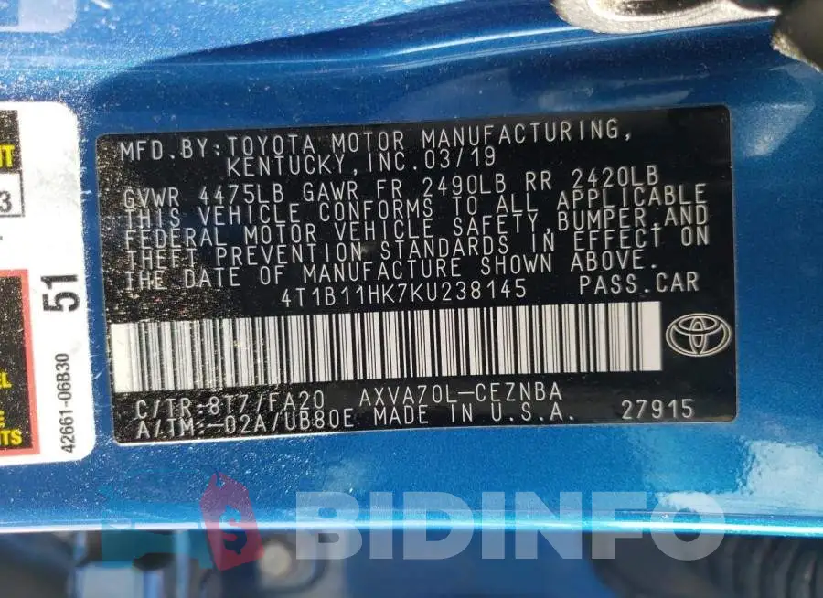 4T1B11HK7KU238145 Photo# 10