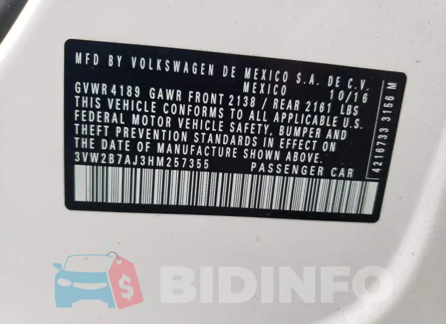 3VW2B7AJ3HM257355 Photo# 10