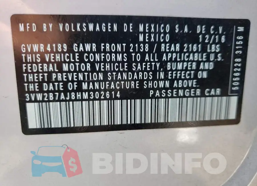3VW2B7AJ8HM302614 Photo# 10