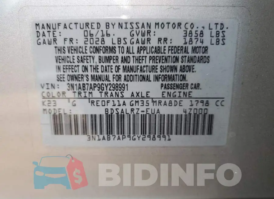 3N1AB7AP9GY298991 Photo# 10