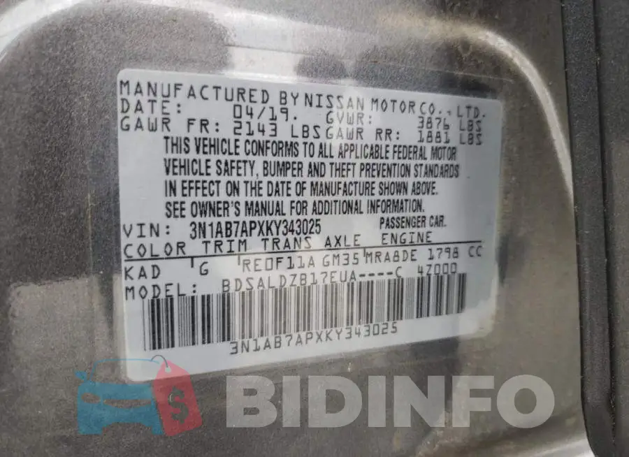 3N1AB7APXKY343025 Photo# 10