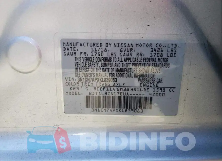 3N1CN7APXKL839083 Photo# 10
