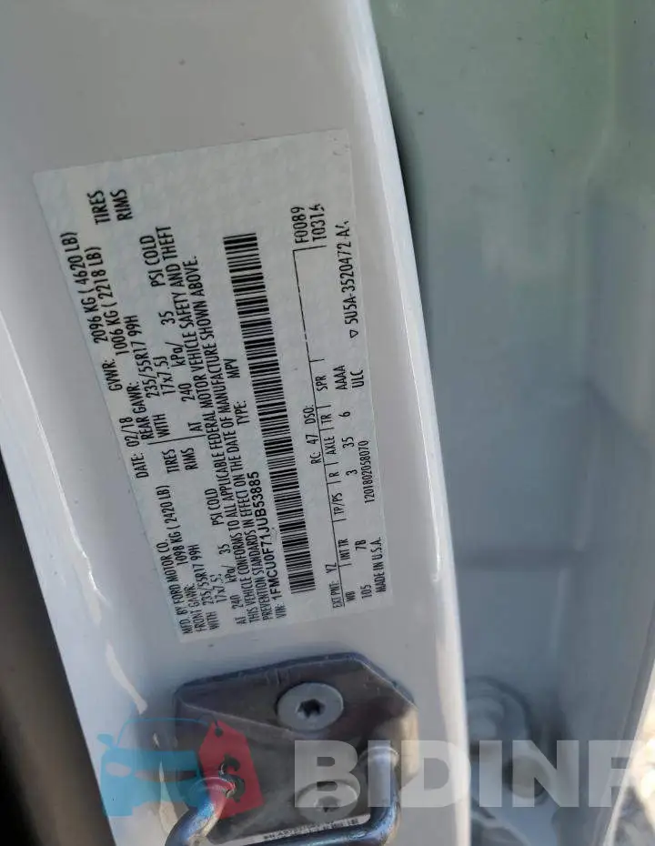 1FMCU0F71JUB53885 Photo# 10