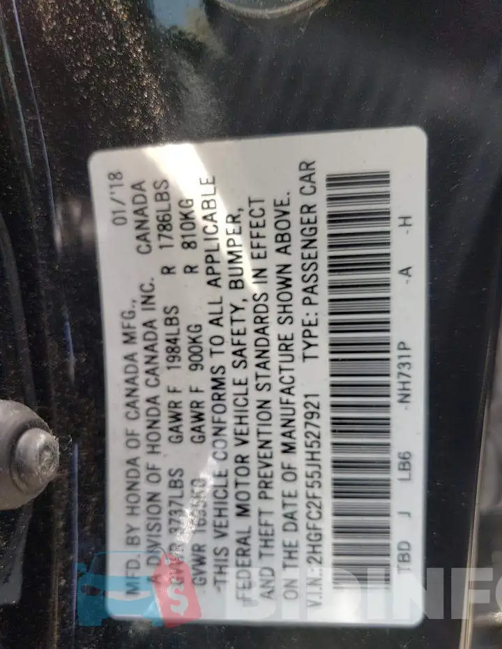 2HGFC2F55JH527921 Photo# 10