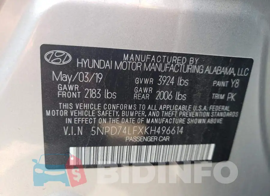 5NPD74LFXKH496614 Photo# 10