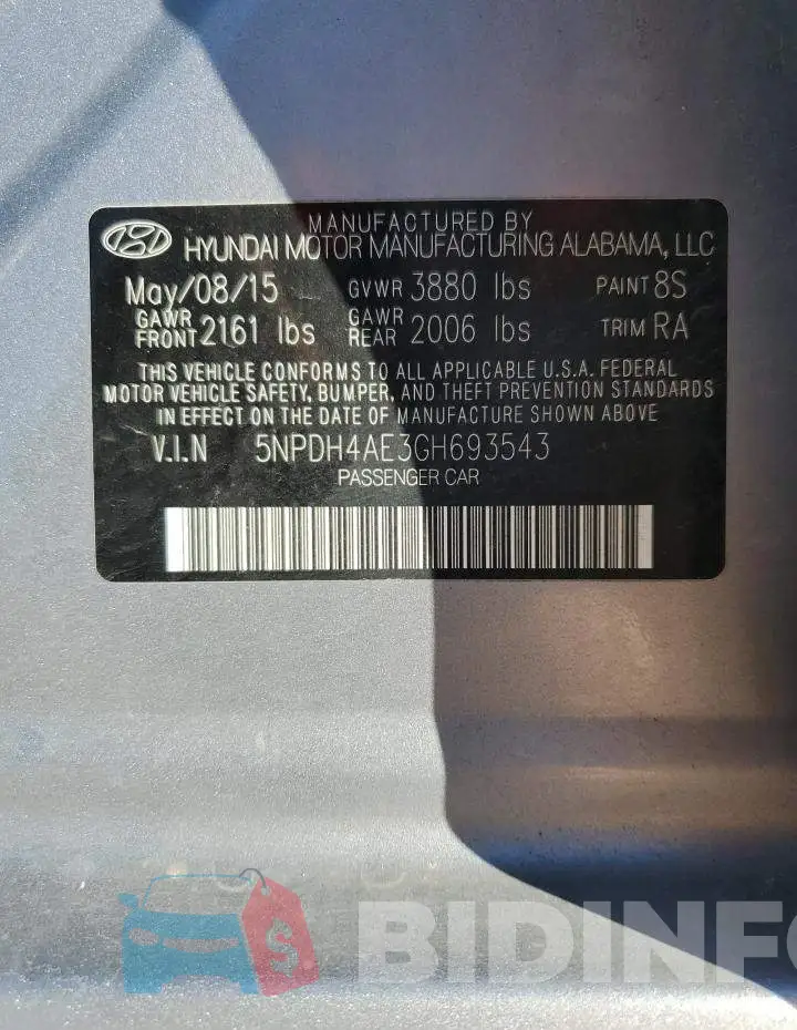 5NPDH4AE3GH693543 Photo# 10