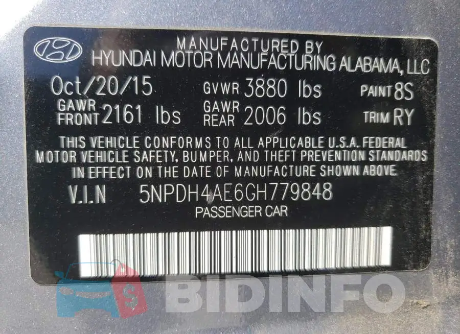 5NPDH4AE6GH779848 Photo# 10