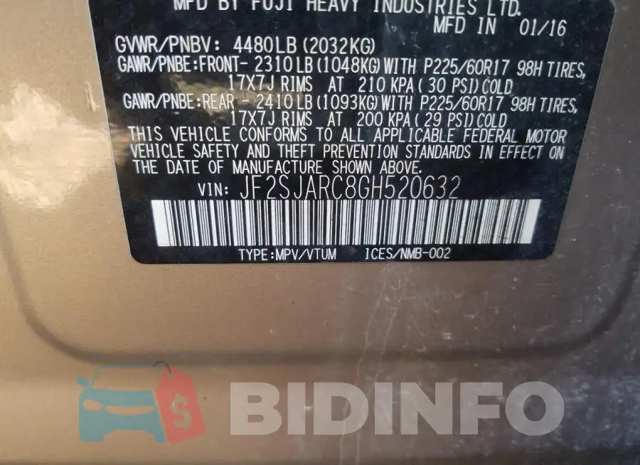JF2SJARC8GH520632 Photo# 10