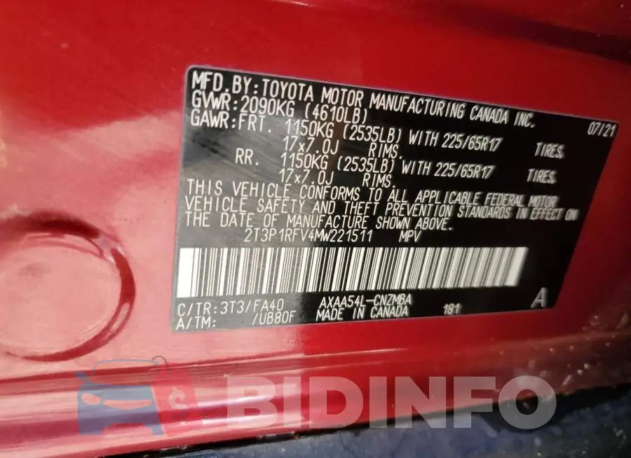 2T3P1RFV4MW221511 Photo# 10