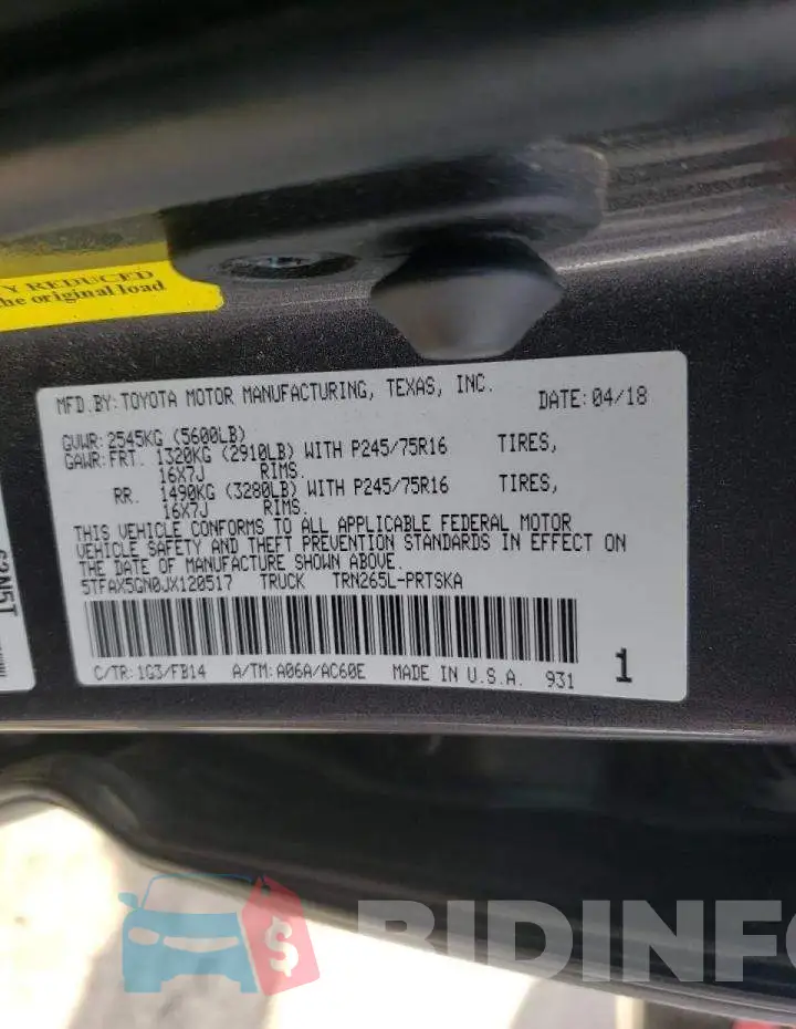 5TFAX5GN0JX120517 Photo# 10