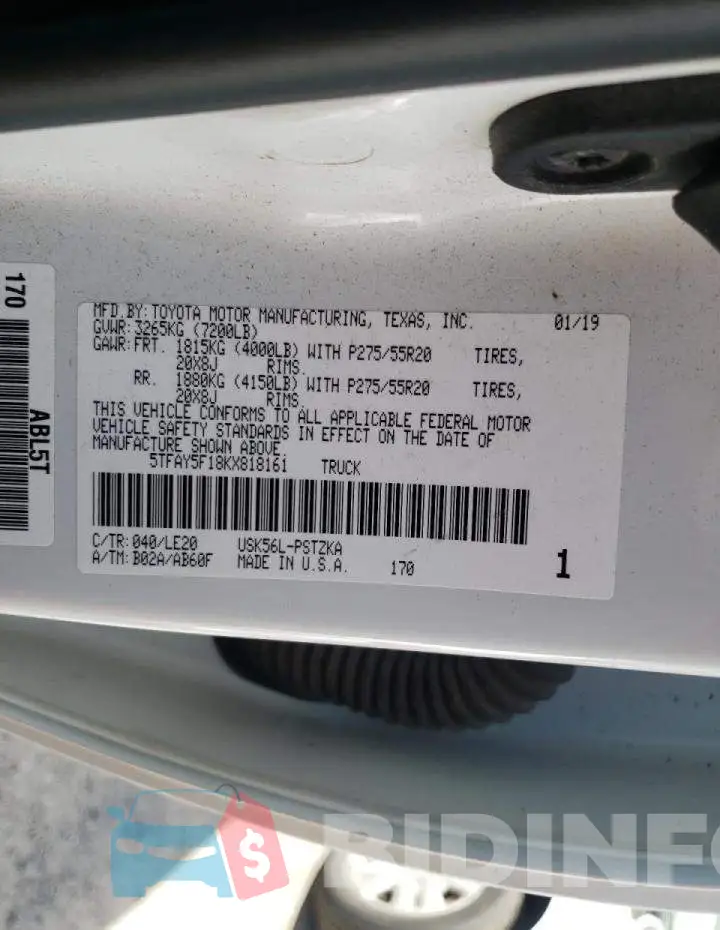 5TFAY5F18KX818161 Photo# 10