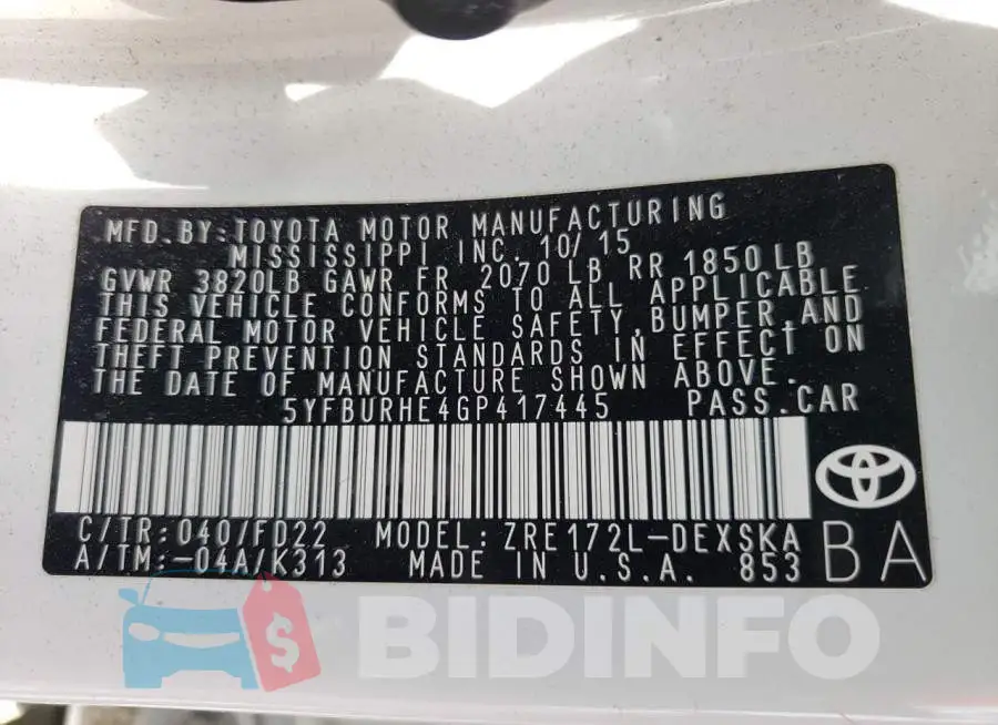 5YFBURHE4GP417445 Photo# 10