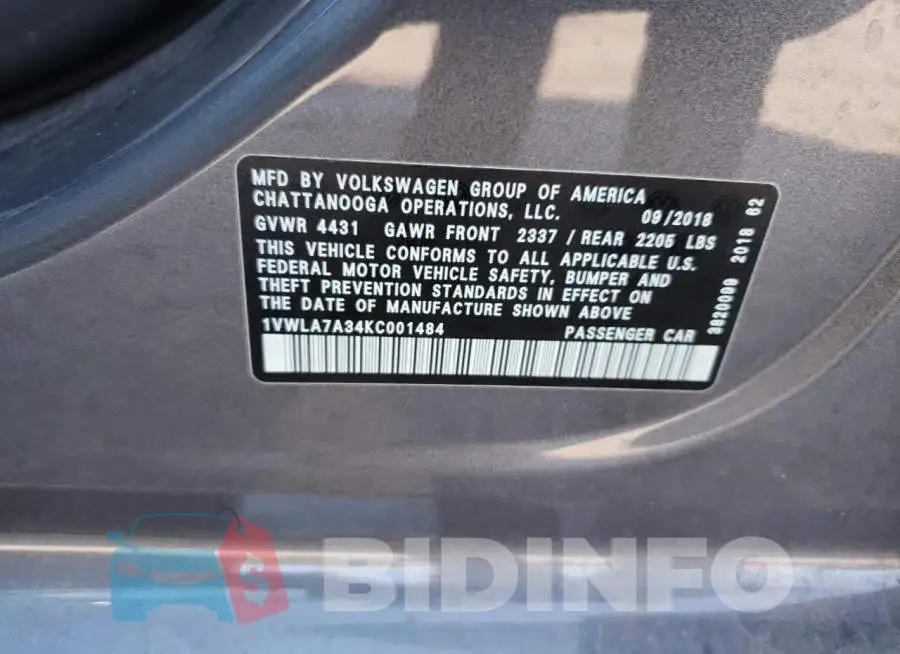 1VWLA7A34KC001484 Photo# 10