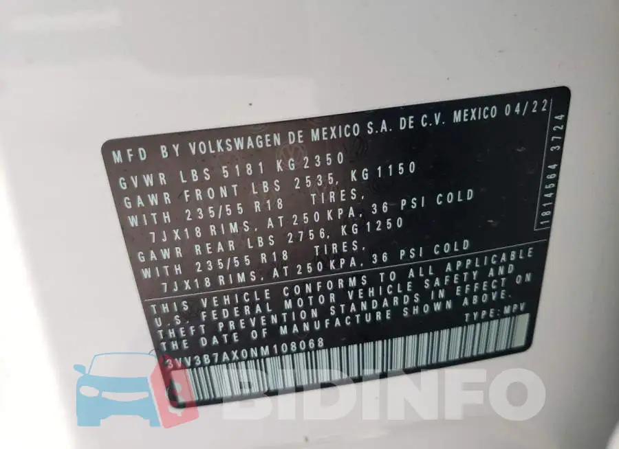 3VV3B7AX0NM108068 Photo# 10